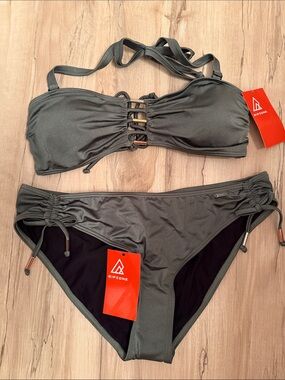 Ripzone Olive Green Lace-Up Bandeau Bikini Set